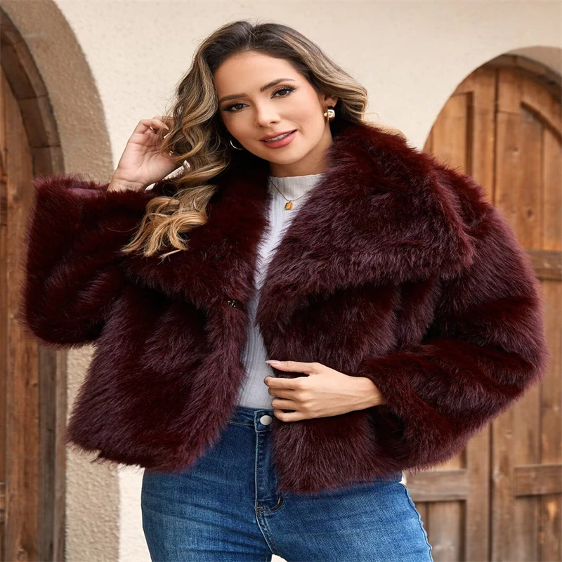 Women Big Lapel Fluffy Faux Fur Cropped Jacket Open Front Long Sleeve Warm Winter Short Plush Coat 12 Colors Available