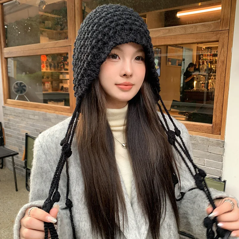 Braided Cord Ties Ear Flap Beanie Chullo Crochet Hat for Women Boho Ethnic Knitted Folk Style Pullover Winter Skull Cap Openwork
