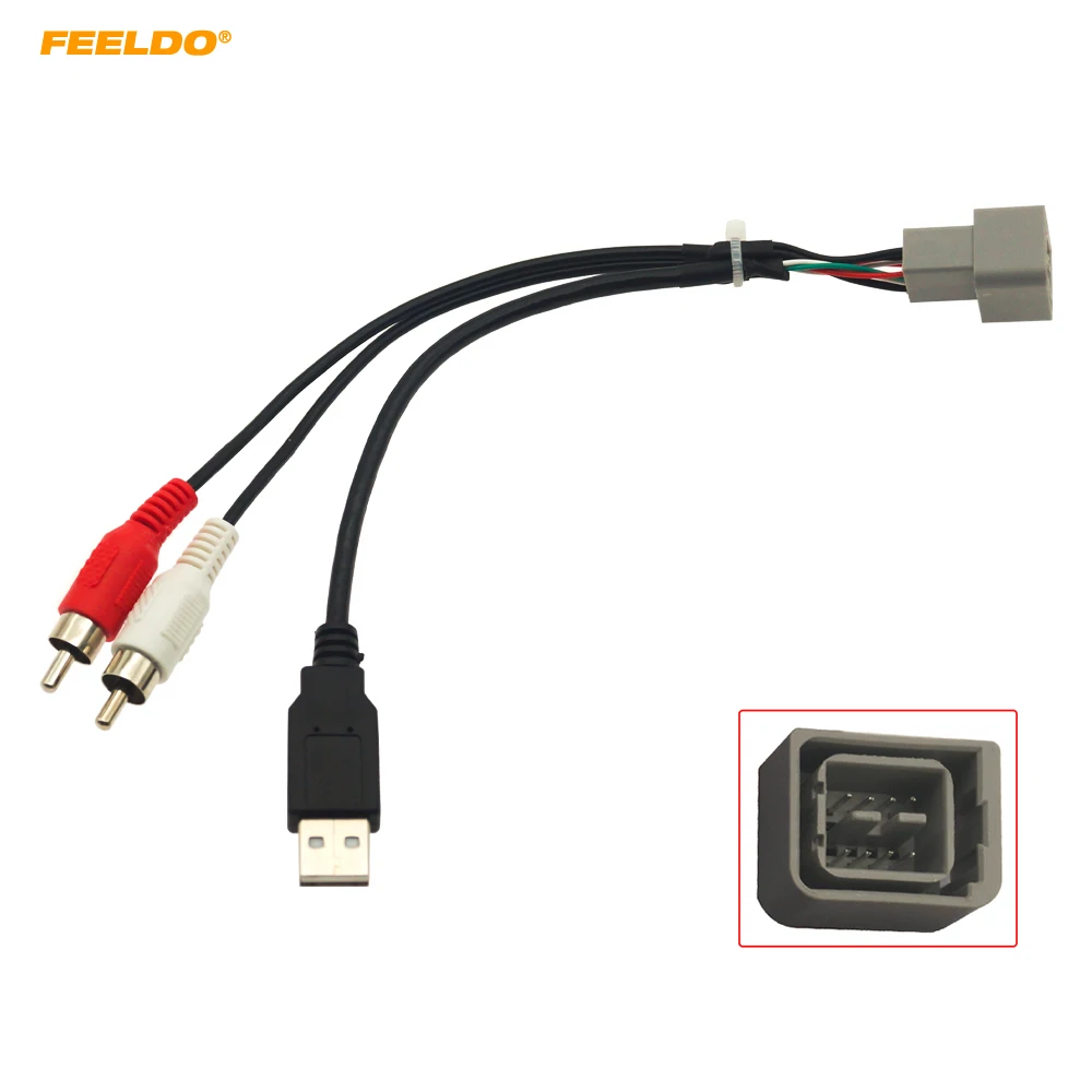 FEELDO Car 2-RCA Male USB A Male Plug RCA Adapter Audio Converter AUX Cable For Nissan Cube Juke Versa AV Cable #HQ6217