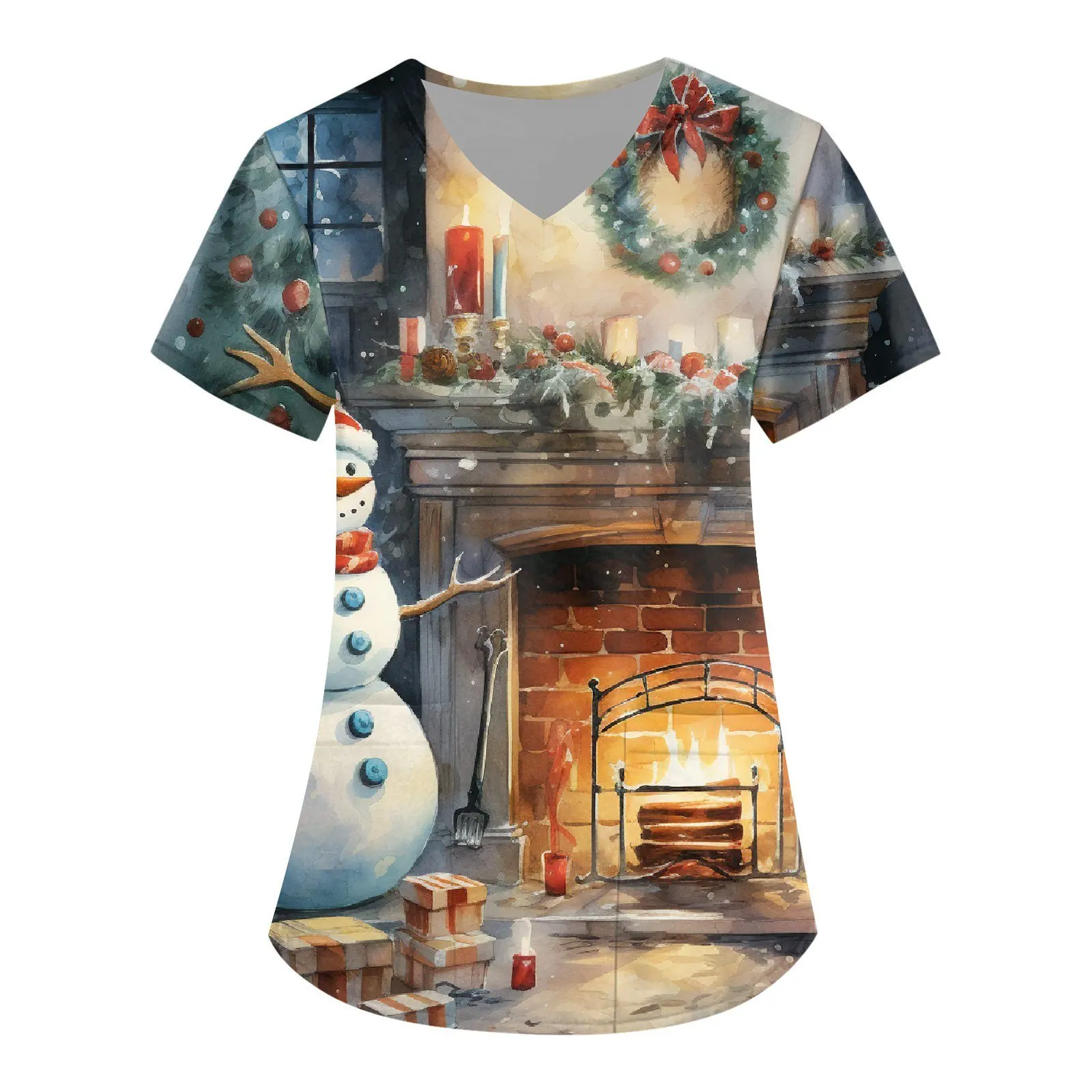 Christmas women's nurse uniform top with Santa Claus and reindeer pattern V-neck veterinary nurse uniform shirt nurse uniform
