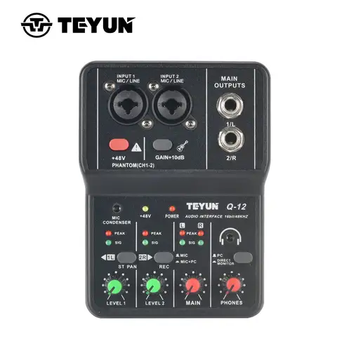 TEYUN Portable Audio Interface Professional Mini External Sound Card Console USB Mixer 48V Computer Guitar Studio PC Record Q-12