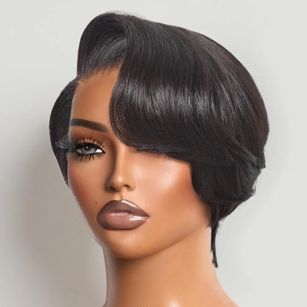 

13×1 T part lace human hair 150% density short curly pixie cut human hair wig pixie remy hair 6inch 1b30/427/natural black color