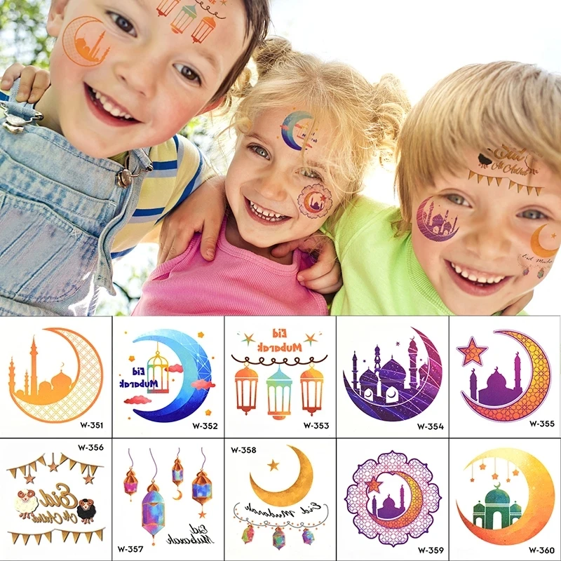 Eid Al Adha Body Tattoos 500pcs EID Mubarak Tattoo Moon Castle Ramadan Kareem Islamic Muslim Party Kids Gift Free Shipping