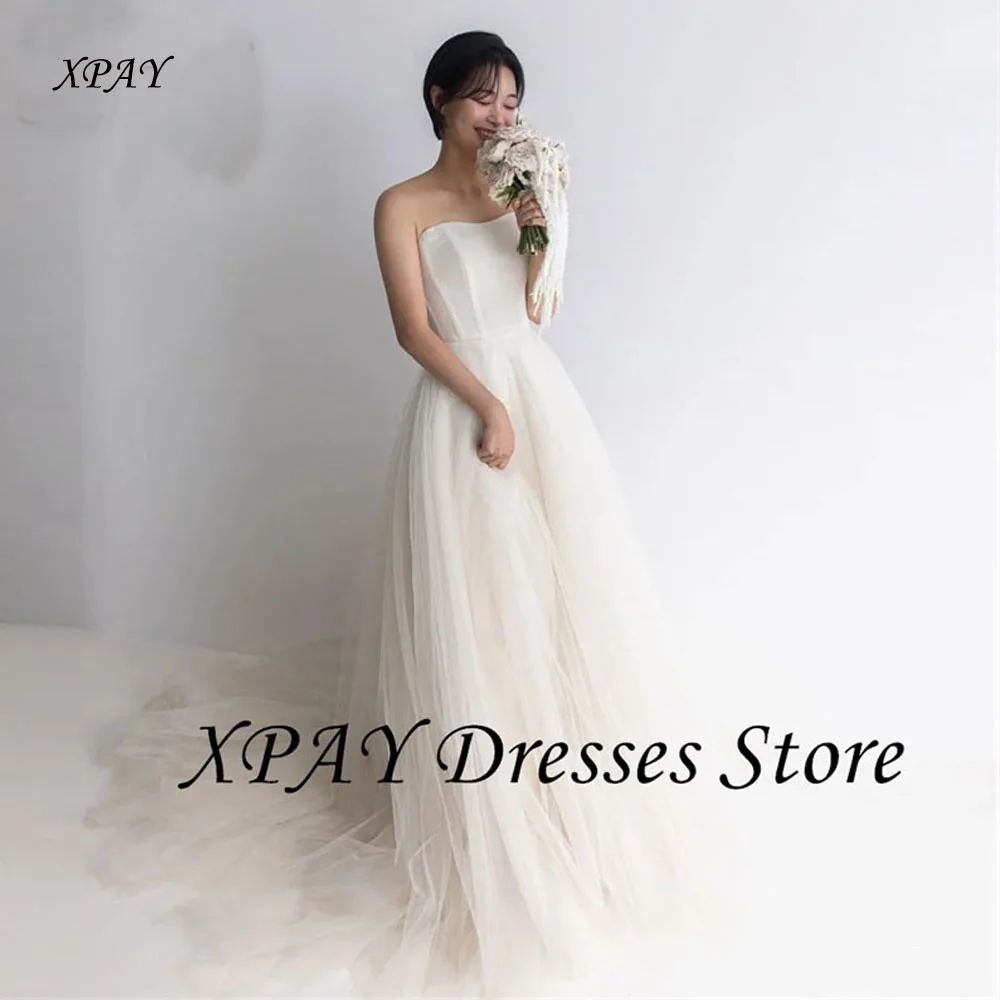 XPAY Simple Sweetheart เกาหลีชุดแต่งงานที่กําหนดเอง Soft Tulle รูปภาพยิงเจ้าสาวรัดตัวยาวกวาดรถไฟแผนกต้อนรับชุด