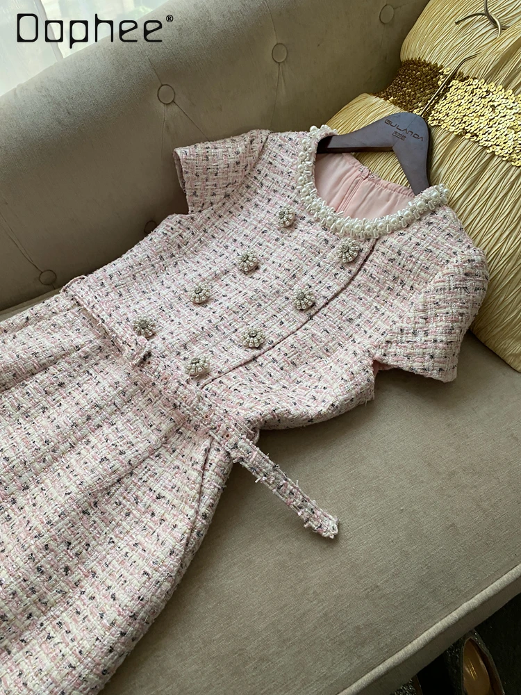 

Sweet Princess Temperament Pearl Buckle Belt Slim Short Sleeve Evening Dresses High End Socialite Tweed Dress A-line Dress Women