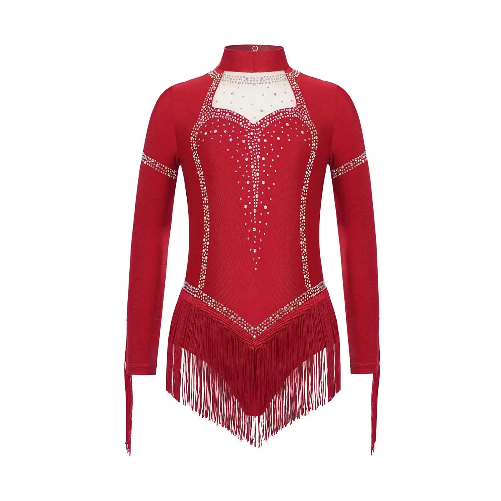 

Kids Girls Gymnastics Figure Skaintg Performance Costume Latin Dance Leotard Shiny Rhinestones Tassels Long Sleeve Bodysuit
