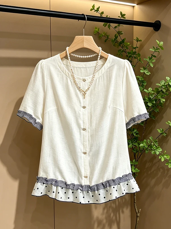 

plus Size Women's Bubble Sleeve Slimming Shirt round Neck Polka Dot Plaid Summer Korean Style Breathable Comfortable Short Sl...