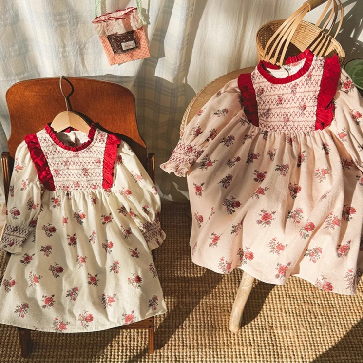 Girls Dress 2026 Spring and Autumn New Children's Clothing Girls Baby Retro Small Broken Flower Cable Long Sleeve Princess Dress
