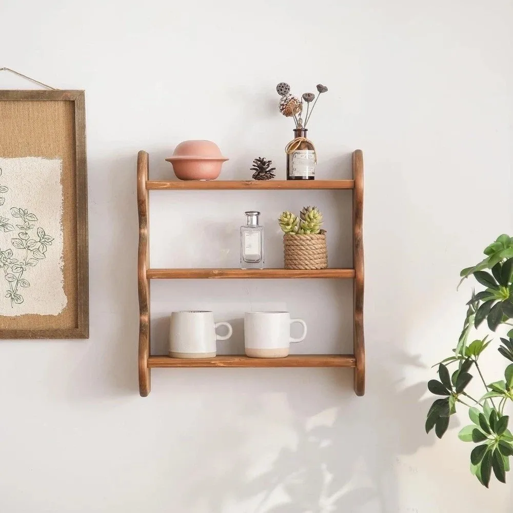 Wooden 3 Tier Wall Mounted Shelf Space Saving with Screws Wood Floating Shelf Large Capacity Cup Storage Rack for Living Room