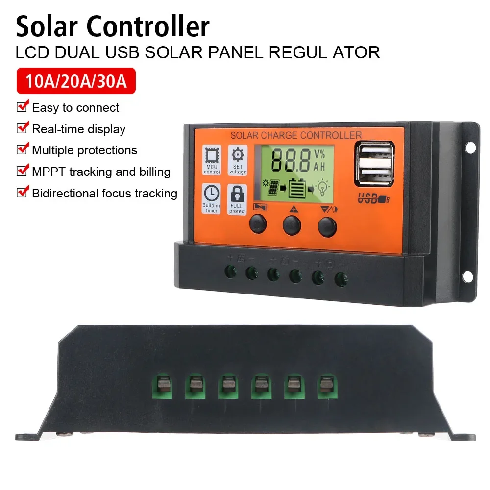 LCD Accessories 10A, 20A 30A 12V 24V Automatic Identification Solar Controller Photovoltaic Regulator Color Screen Timer