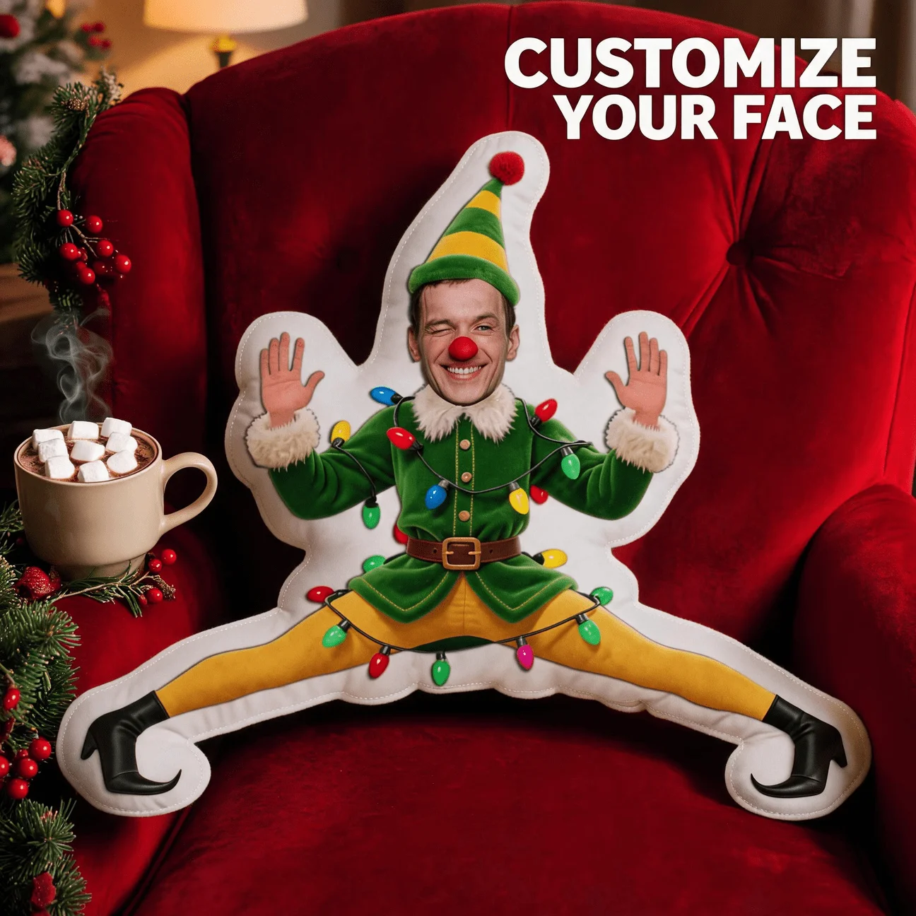 Custom Photo Shaped Pillow, Personalized Funny Elf Costume Face Decorative Cushion, Unique Christmas Holiday Home Decor Accent f