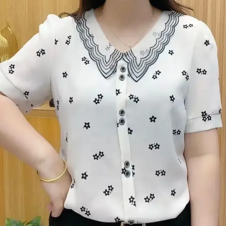 

Летний тонкий топ с короткими рукавами, модная женская рубашка среднего возраста, новый стиль, платье для мамы, кукольный воротник