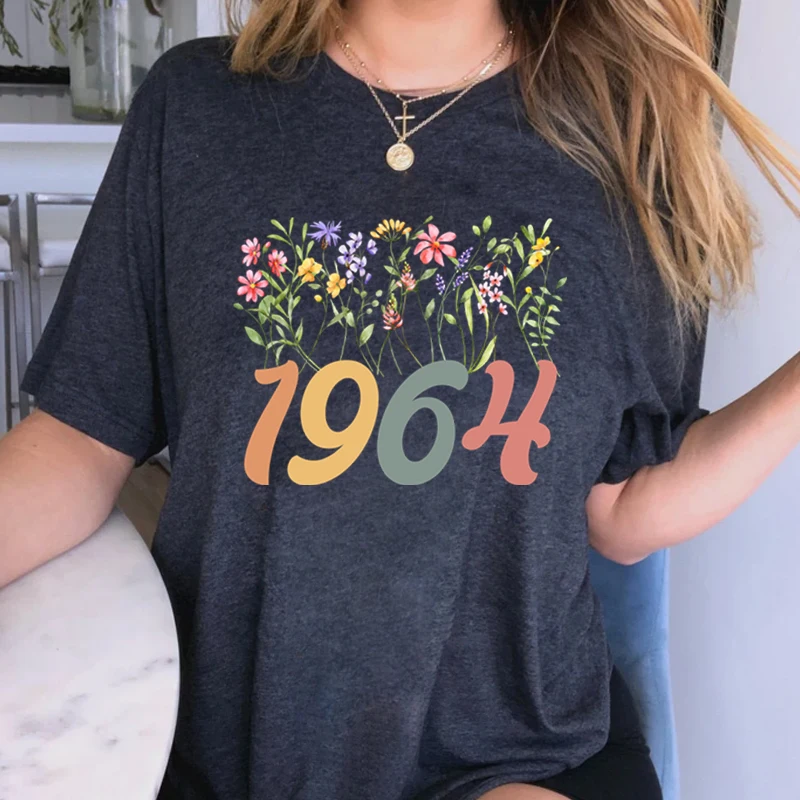 Vintage 1964 Creative Women T-shirts Harajuku Fashion Wild Flower Years Birthday Anniversary Tops Short Sleeve Round Neck Tshirt