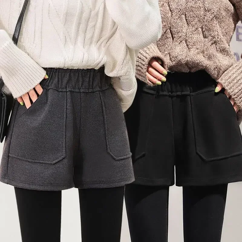 

Woolen Shorts Women High Waist Korean Style Fashion Fall Winter Temperament Pockets Solid Office Lady Elegant Simple All-match