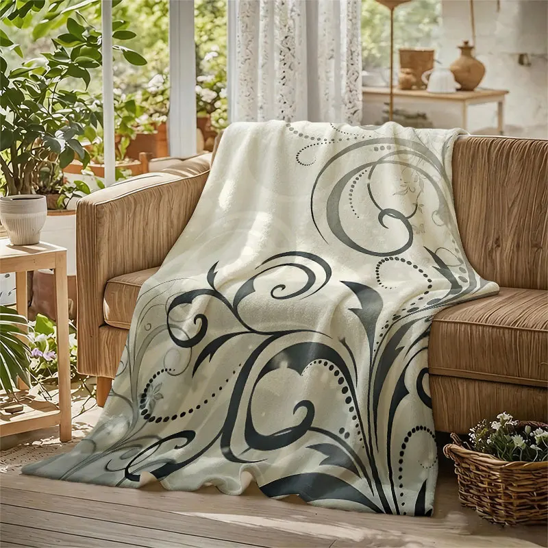 Grey Scrollwork Floral Light Flannel Blanket Perfect for Sofa Office Bed Travel Sleep Read Relax Camping Four Season Use
