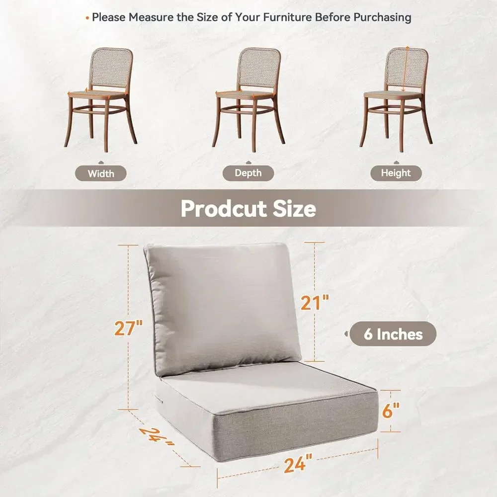 6 Outdoor Cushions Set, 24x24x6 Thick Seat Cushions for Patio Furniture, Weather-Resistant Replacement Cushions for Wicker Chair