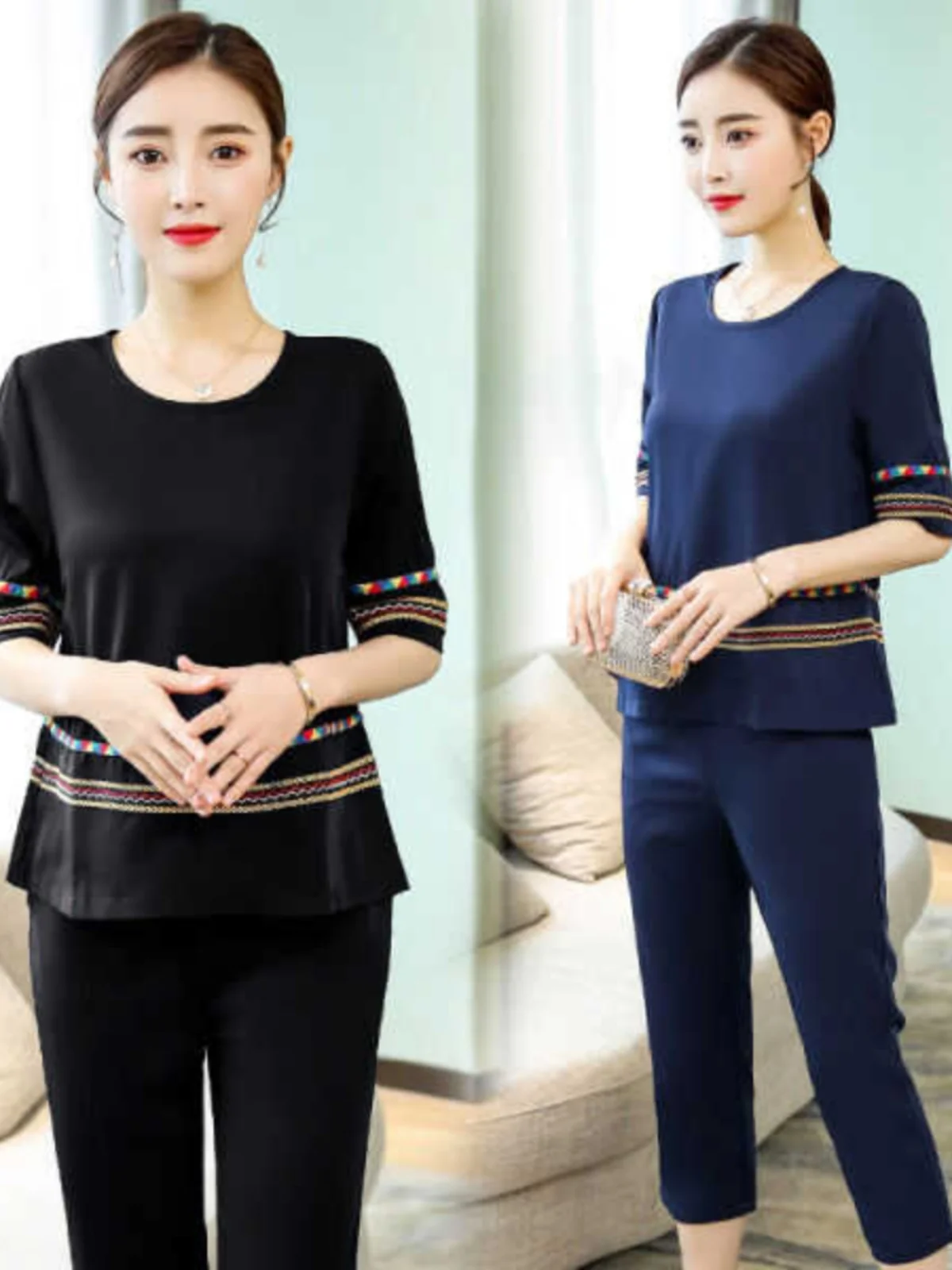 

Slimming Effect National Style Short Sleeve Two-Piece Set for plus Size Women Summer New Style Belly Cover Anti-Aging Set