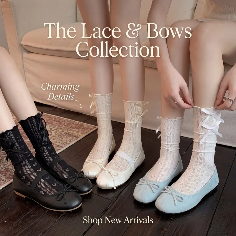 Damen-Socken mit süßer Schleife und Spitze, durchsichtige, atmungsaktive Wadensocken, kokette Ästhetik-Socken für den Alltag, Geschenk-Socken