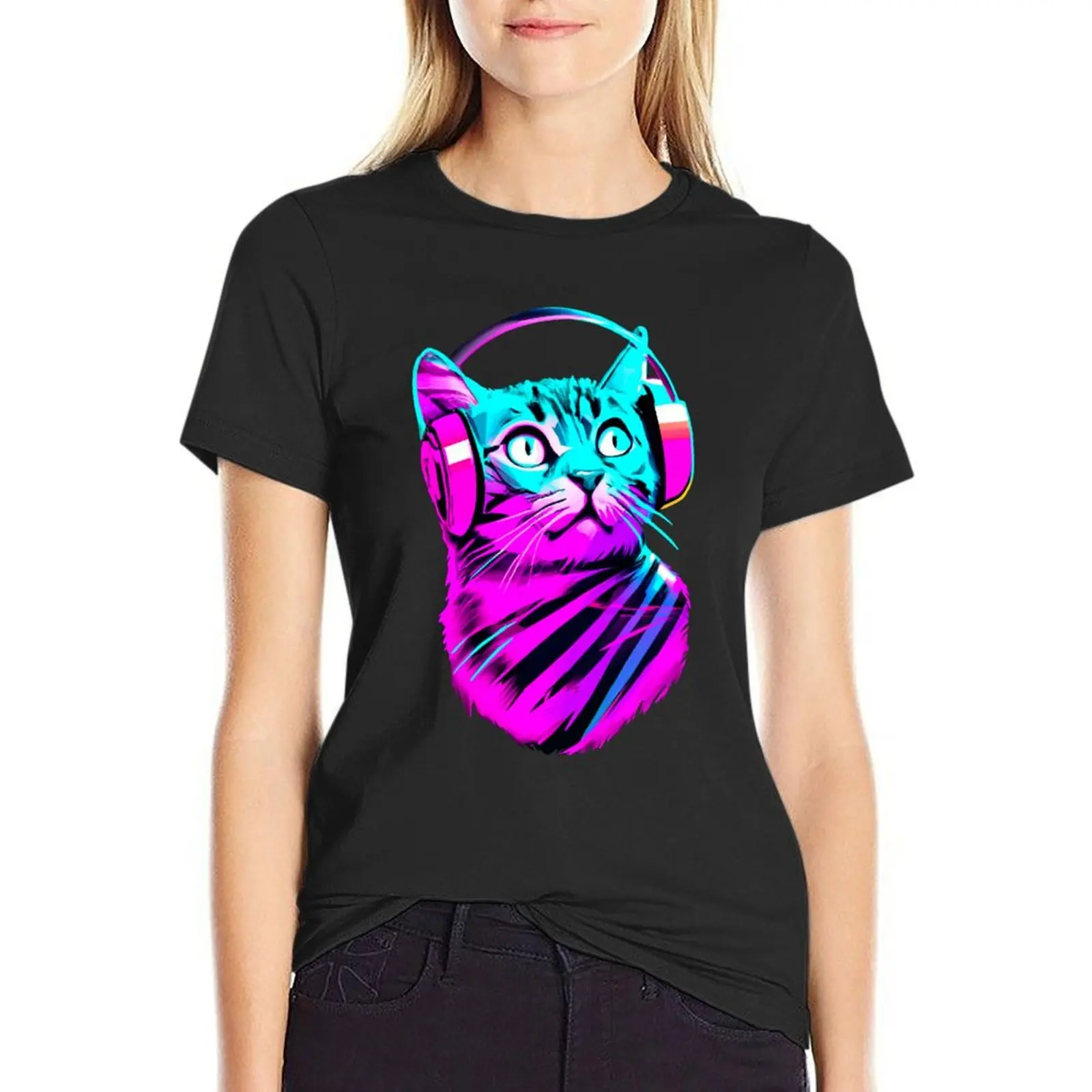 

80's Cat With Headphones T-shirt Blouse female korean fashion Women t shirt