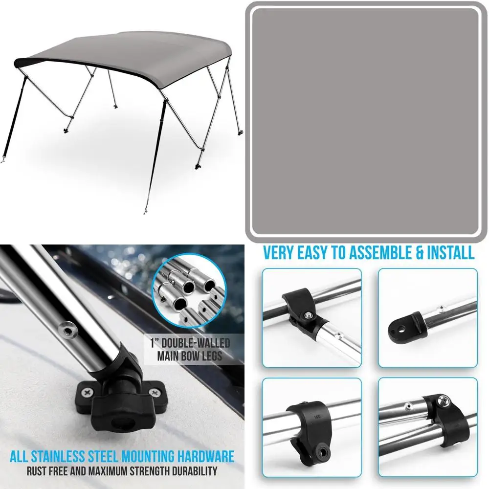 

Серый солнцезащитный тент-тентель на 3 дугах для лодок (ширина 54-60 дюймов) с 1 двойным каркасом, передними ремнями, задними стойками и чехлом для хранения