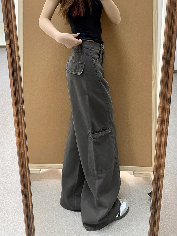 plus Size Grey Wide Leg Workwear Pants Women's Loose Fit Straight Leg Jeans for Pear Shaped Body Spring New Style Casual Cotton