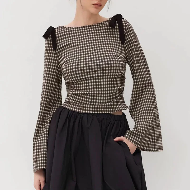 

Новая осенняя корейская плиссированная клетчатая рубашка с длинными рукавами и бантом для женщин