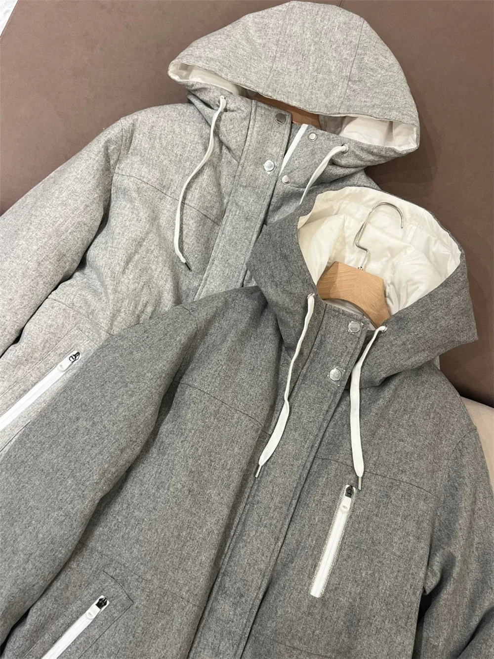 Women Hooded Punch Down Jacket Winter New Versatile Comfortable Wool Zip Drawstring Waisted Goose Down Coat