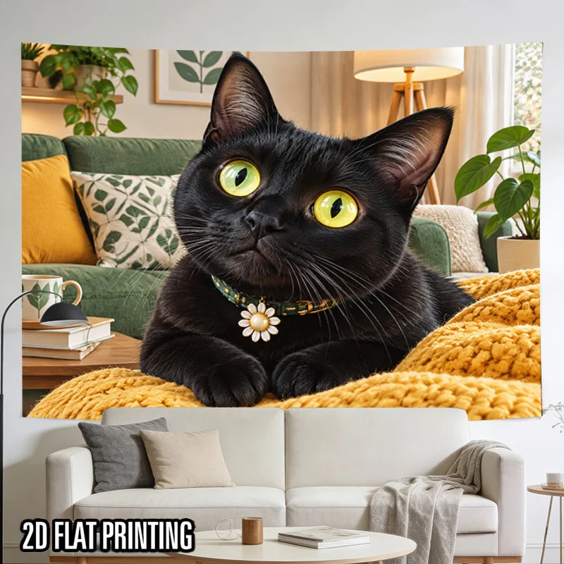 Cute Black Cat Tapestry, Black Kitten with Daisy Collar Green Eyes Cozy Home Wall Hanging for Bedroom Dorm Living Room Decor