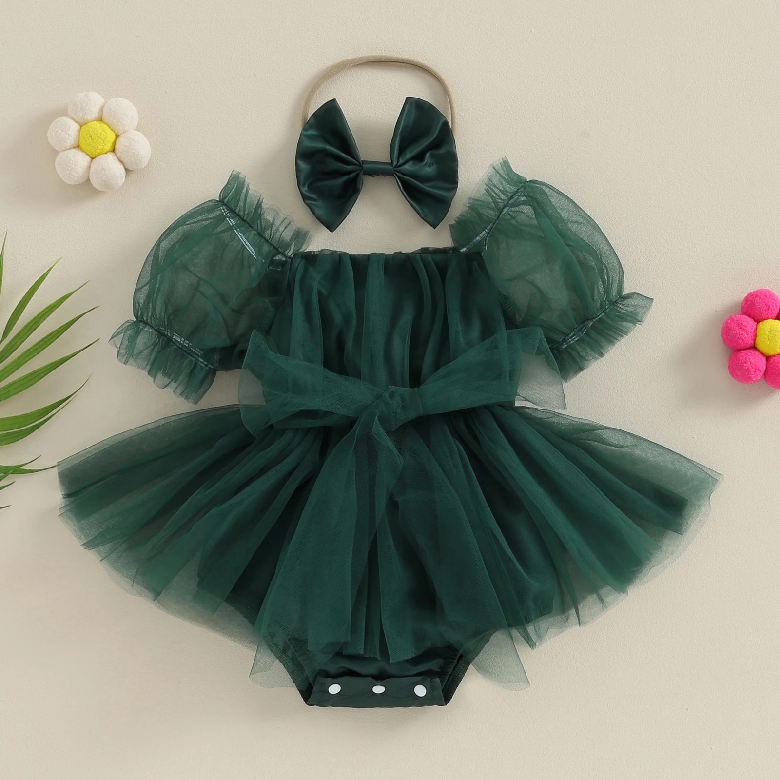 Toddler Baby's Clothes Girls Summer Casual Romper Dress Short Sleeve Bow Tulle Romper with Headband Children's Clothing image 3