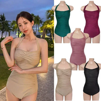 

Women's Sexy Backless 1-Piece Swimsuit Ruched Push Up Multicolor Bikini Tummy Tucking Hanging Neck Bathing One-Piece Suit