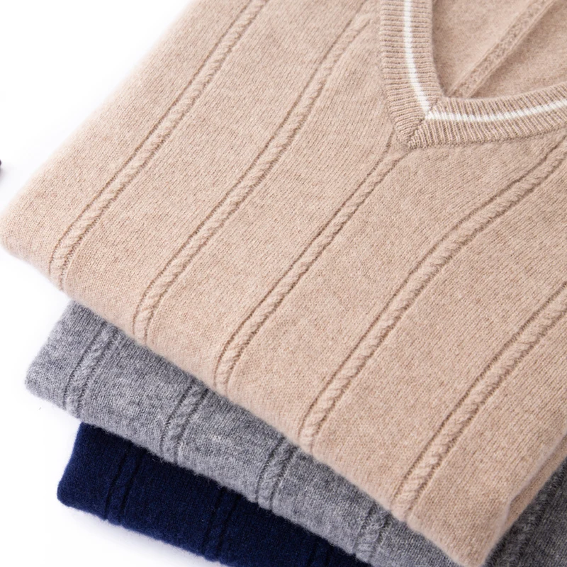 Autumn and Winter New Men's V-neck Pure Wool Sleeveless Knitted Vest, Pullover, Camisole, Versatile Sweater, Vest