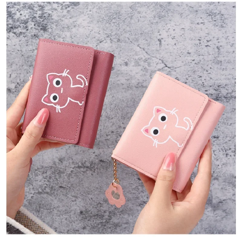 Cartera pequeña de cuero con diseño de gato para mujer, monedero pequeño, tarjetero, moda femenina