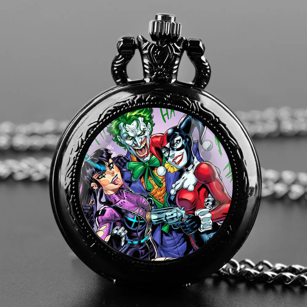 Joker Themed Glass Dome Quartz Pocket Watch Classic Arabic Numeral Dial with Durable Chain for Men Creative Gifts