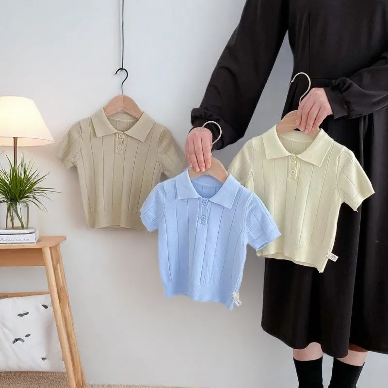 

Boys' College Style Polo Thin Short Sleeve Knitted Shirt Summer Mid to Large Children's Solid Color Fashion Collar Top