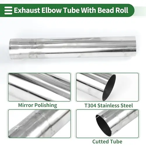 

Exhaust Elbow Tube With Bead Roll, 70mm OD, 457mm Length, T304 Stainless Steel, Mirror Polished, Cut End, Universal Fit