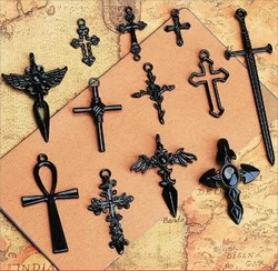10pcs Steampunk Crosses Charms for Jewelry Making Black Color Rose Cross Charms Pendant Necklace Keychain Diy Jewelry Findings