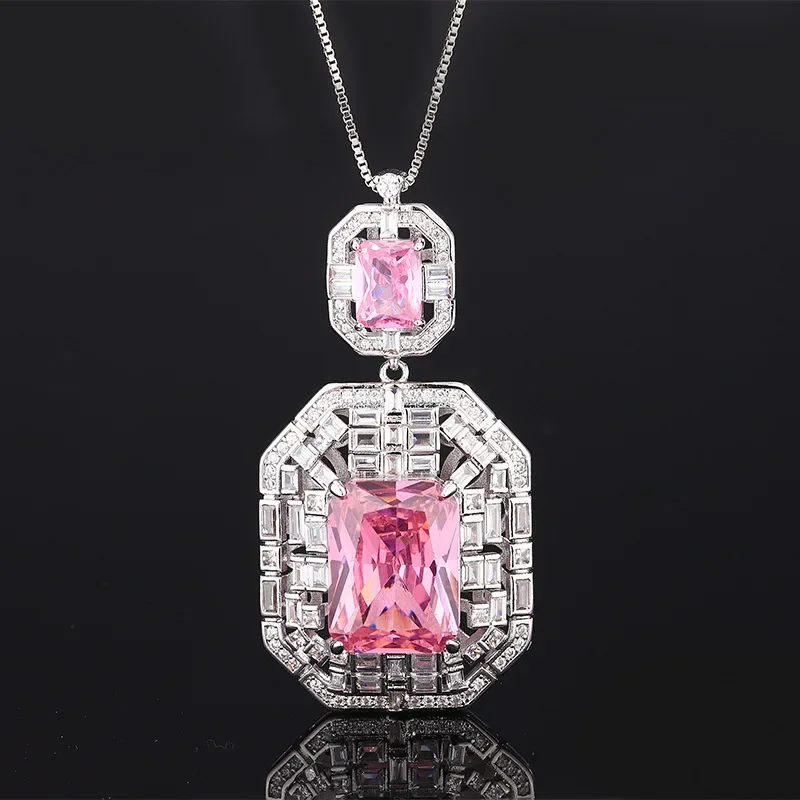 Art Deco Double Layer Rectangle CZ Pendant Necklace Multi Color Synthetic Cubic Zirconia Silver Plated Women Wedding Jewelry