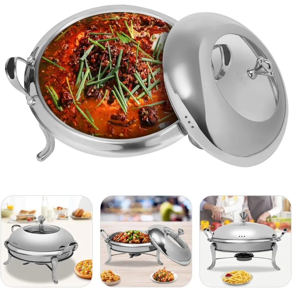 Stainless Steel Round Chafing Dishes Electric Chafing Buffet Set Food Warmer Buffet Warming Trays with Glass Lid & Lid Holder