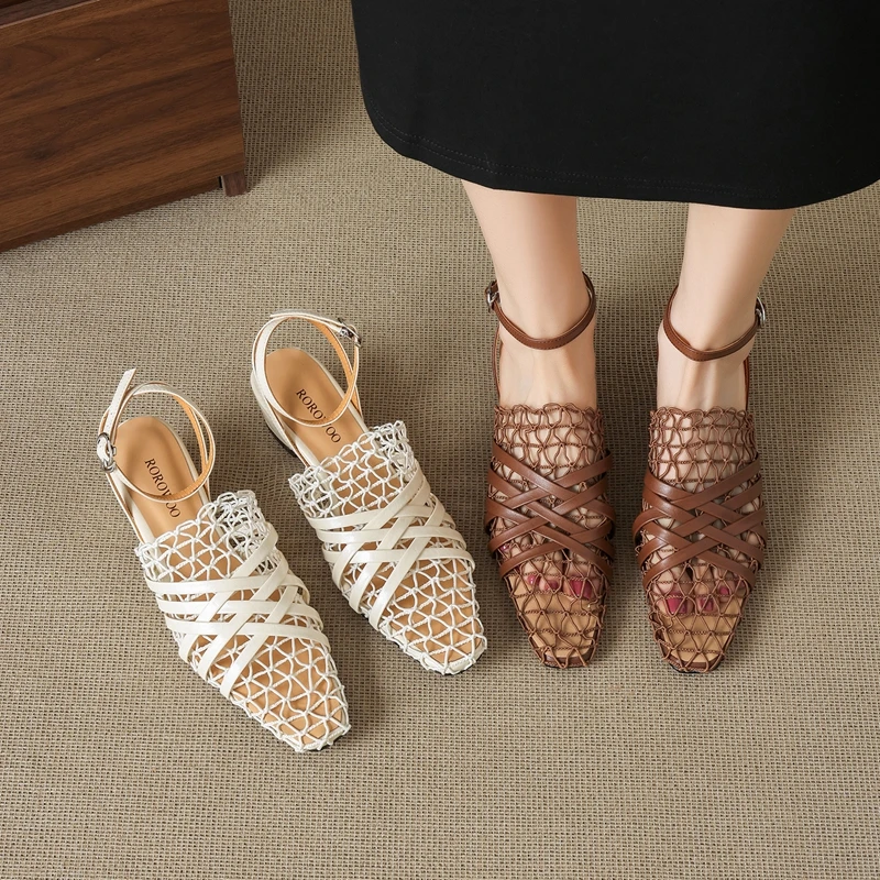

Women's new summer leather cowhide elastic band with hollow mesh breathable toe cover, Muller shoes, Roman sandals