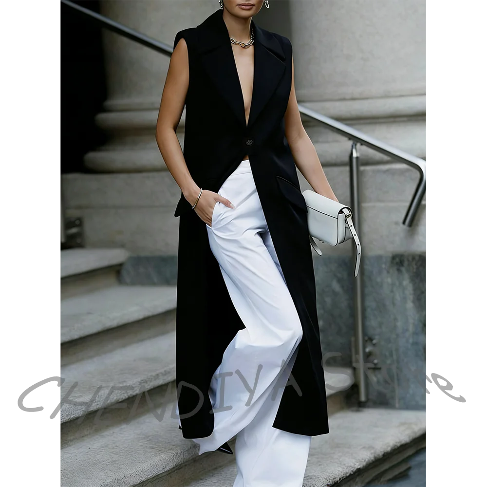 Minimalist Women's Pants Suit Chic Sleeveless Single Button Casual Outfit High Street Style Daily Set Long Jacket With Pants