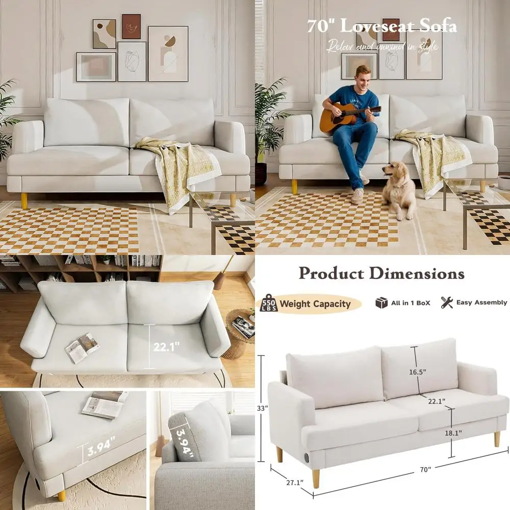 أريكة أريكة بمقعدين لغرفة المعيشة مع منافذ USB من النوع C - أرائك صغيرة منجدة باللون البيج مقاس 70 بوصة لغرفة النوم أو المكتب أو الشقة #1