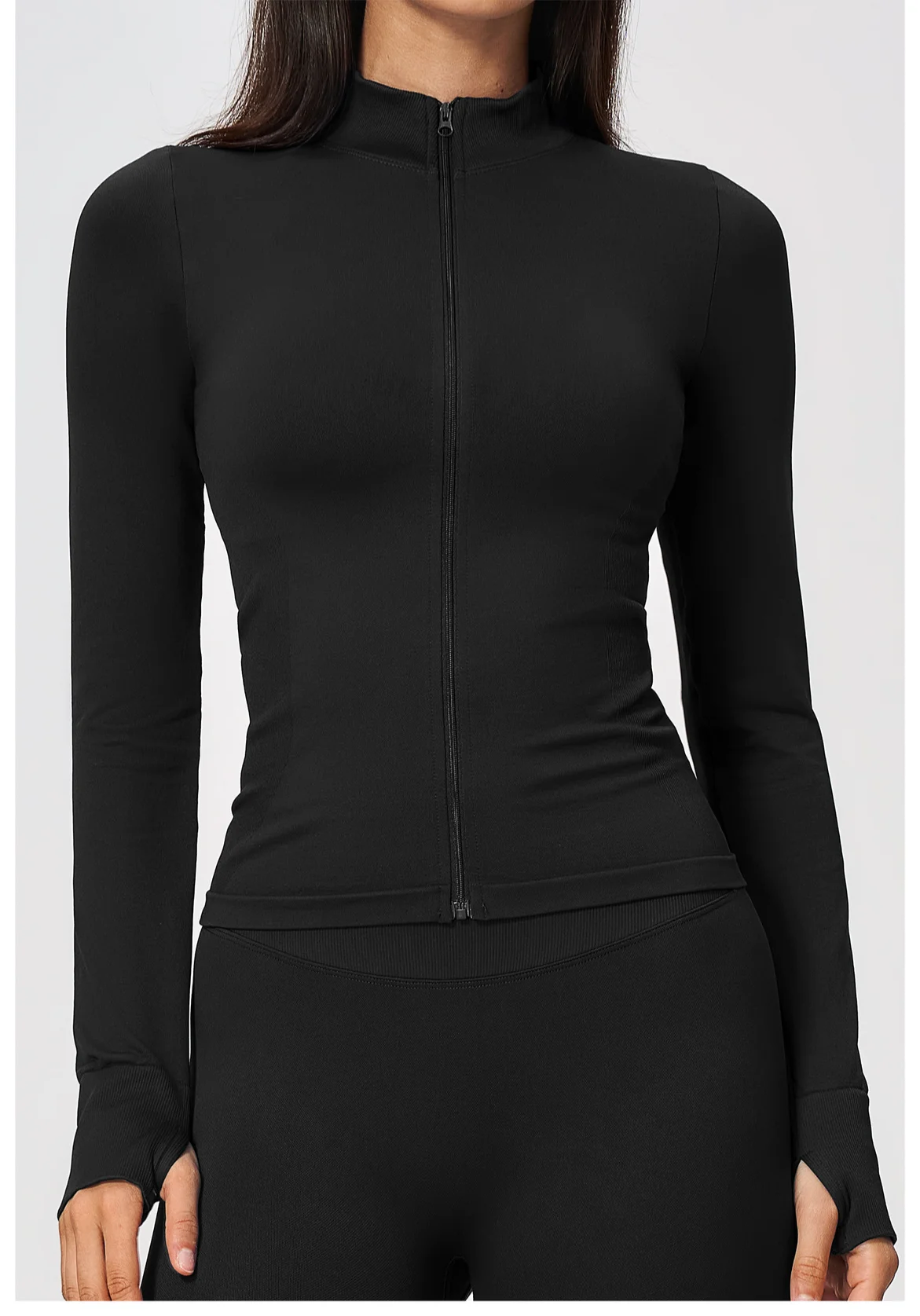 Women's Seamless Long Sleeve Yoga Top Ribbed High Neck Full Zip Slim Fit Sports Jacket Thumb Hole Workout Gym Running Activewear