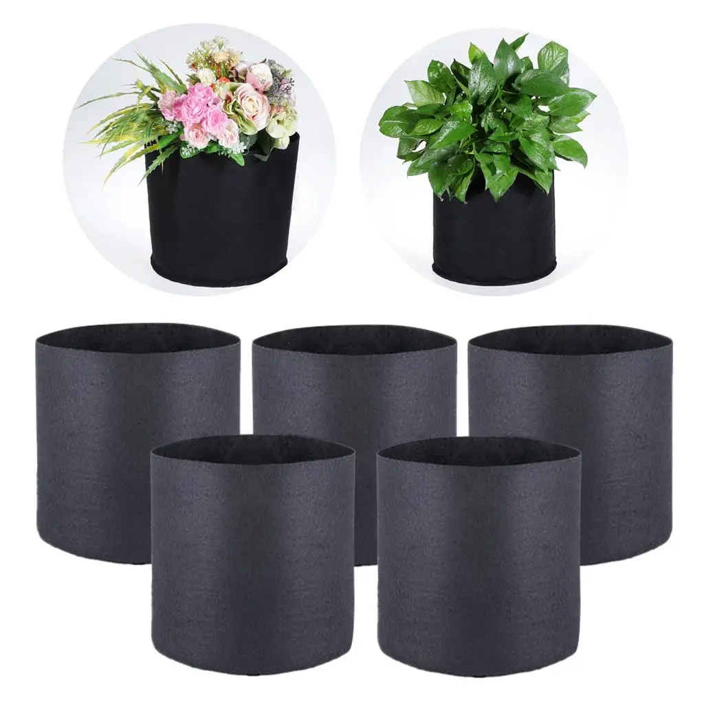 5x Black Round Nonwovens Fabric Planter Pots Container Pocket