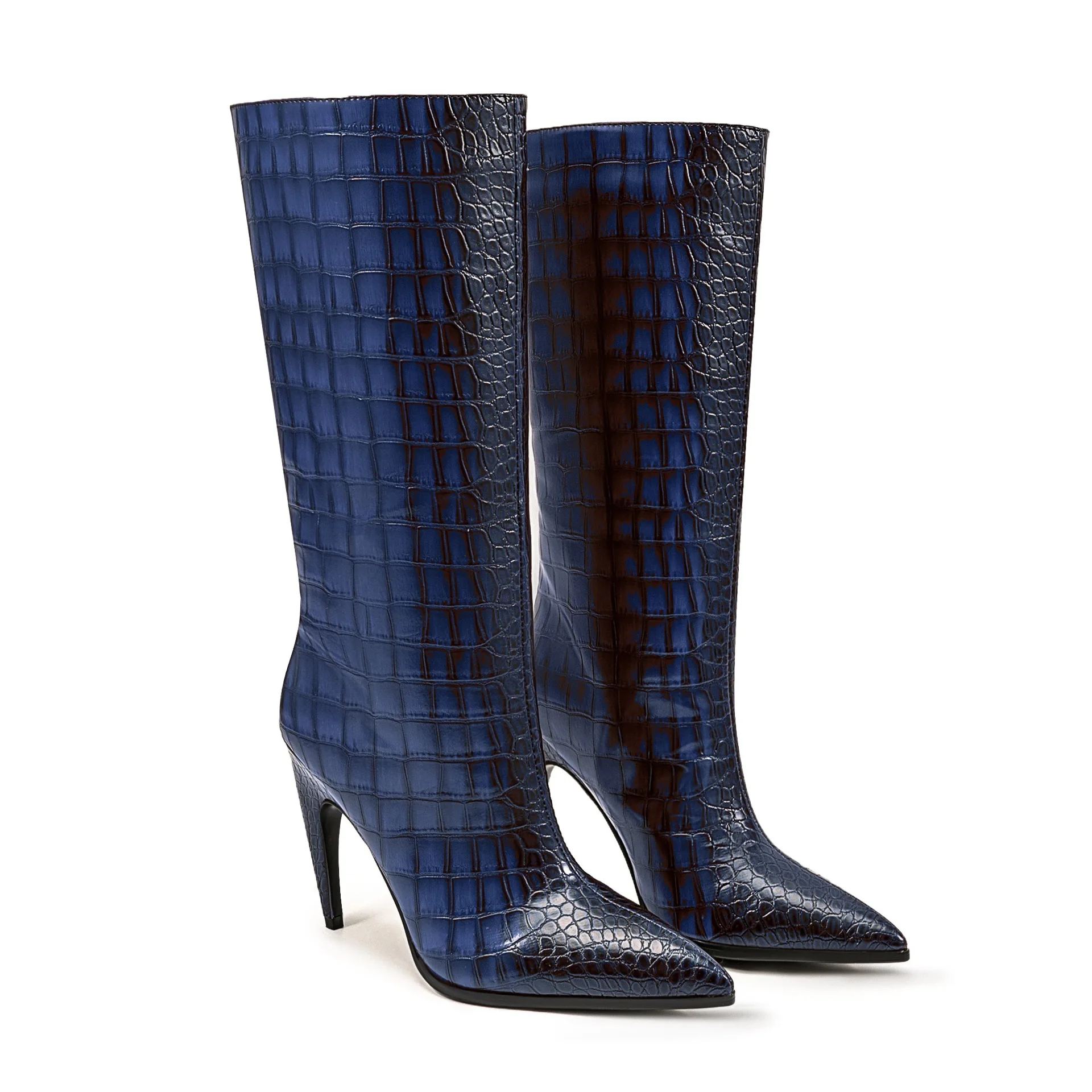 

Sexy Style Splicing Stone Grain Pointed Toe Knee-High Women Boots Stiletto High Heels Slip On Design Large Size Shoes