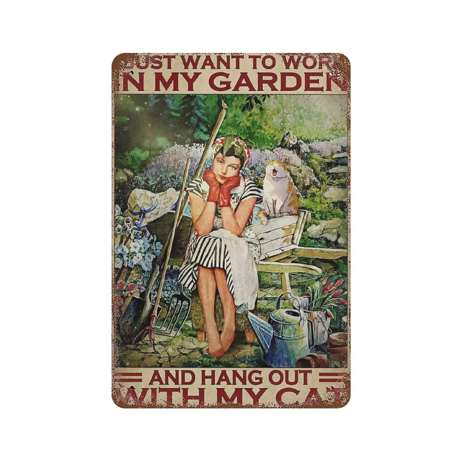 Dreacoss Metal tin Sign，Retro Style， Novelty Poster，Iron Painting，My Garden and Hang Out with My Cat Tin Sign，Wall Decoration Pl