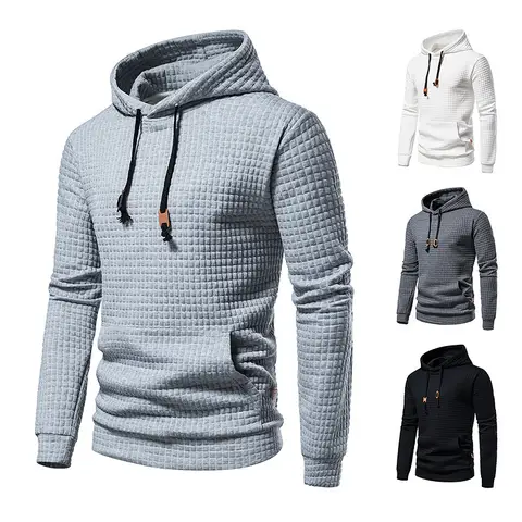 Autumn and winter men's long sleeved casual pullover jacquard hoodie plaid fitness running sports hooded jacket
