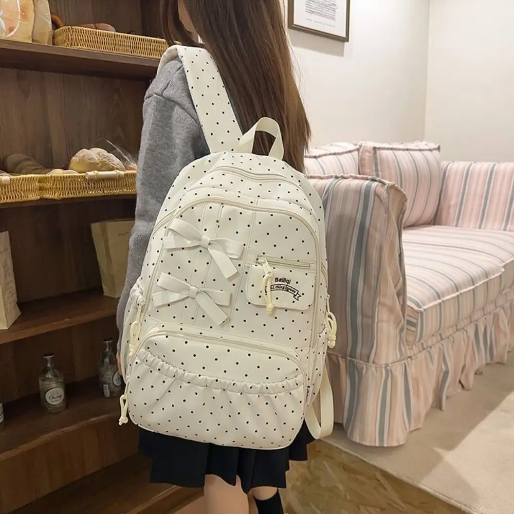 New Polka dot Bow Girls Backpack Nylon Anti-theft Student Schoolbag Multi-compartment Large-capacity Travel Computer Backpack