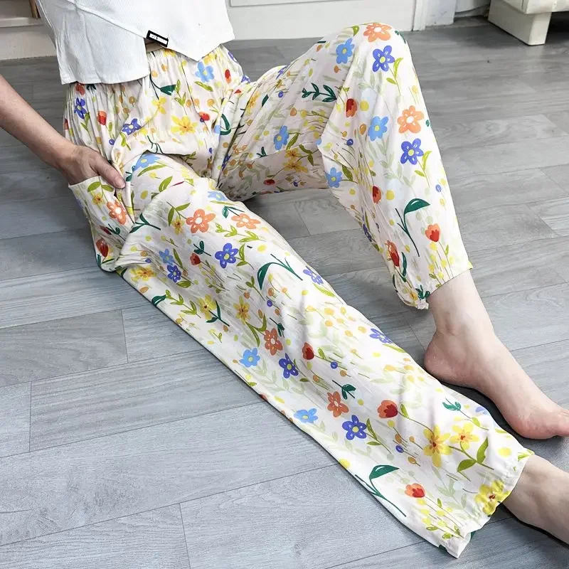 Absorb Sweat Harem Pants Thin Floss Silk Fallow Loose Large Size Pajama Pants Comfort Soft Summertime Cool Rayon Cotton Female