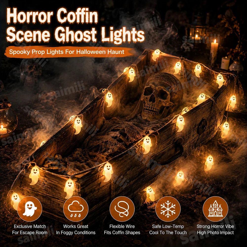 Halloween Ghost Shape LED String Light Battery Operated Waterproof Hanging Lamp For Home Holiday Party DIY Decoration