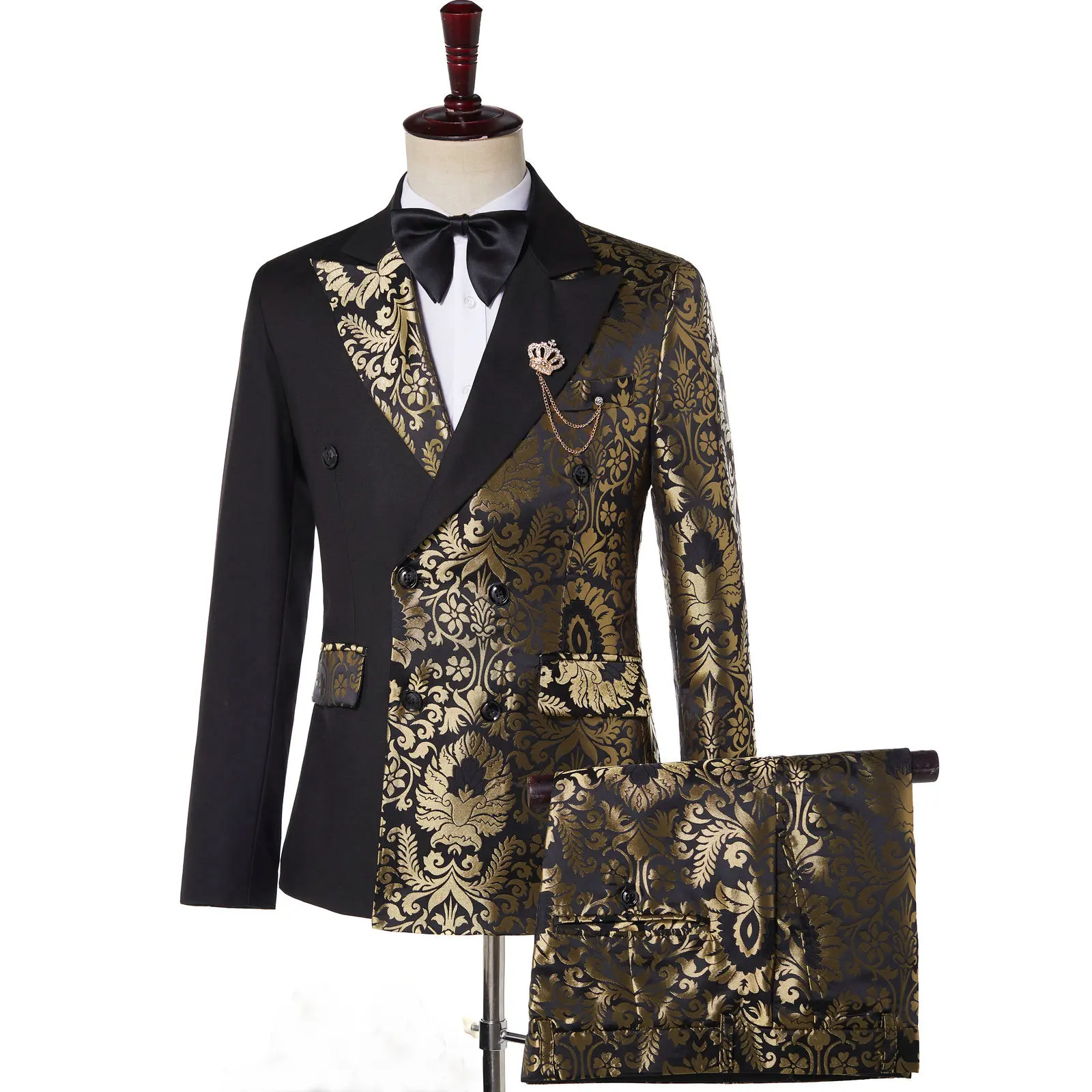 

Double Breasted Black Gold Floral Jacquard Slim Fit Mens Suits Wedding Groom Tuxedos Party Jacket Pant Terno Masculino